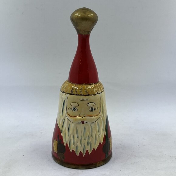 Vintage Wooden Santa Claus Bell Hand Painted Wood Textured Holiday Christmas - Picture 2 of 12